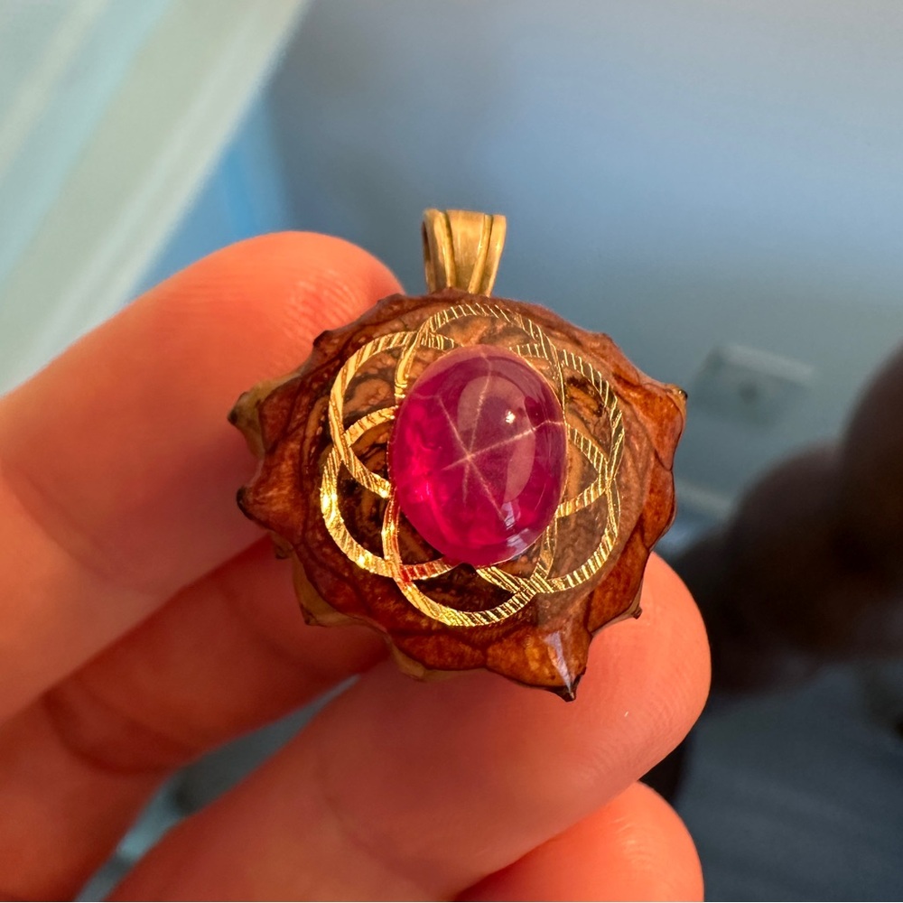 Third Eye Pinecones Strawberry Star Sapphire with Gold Seed of Life Mini Pendant - Picture 3 of 7
